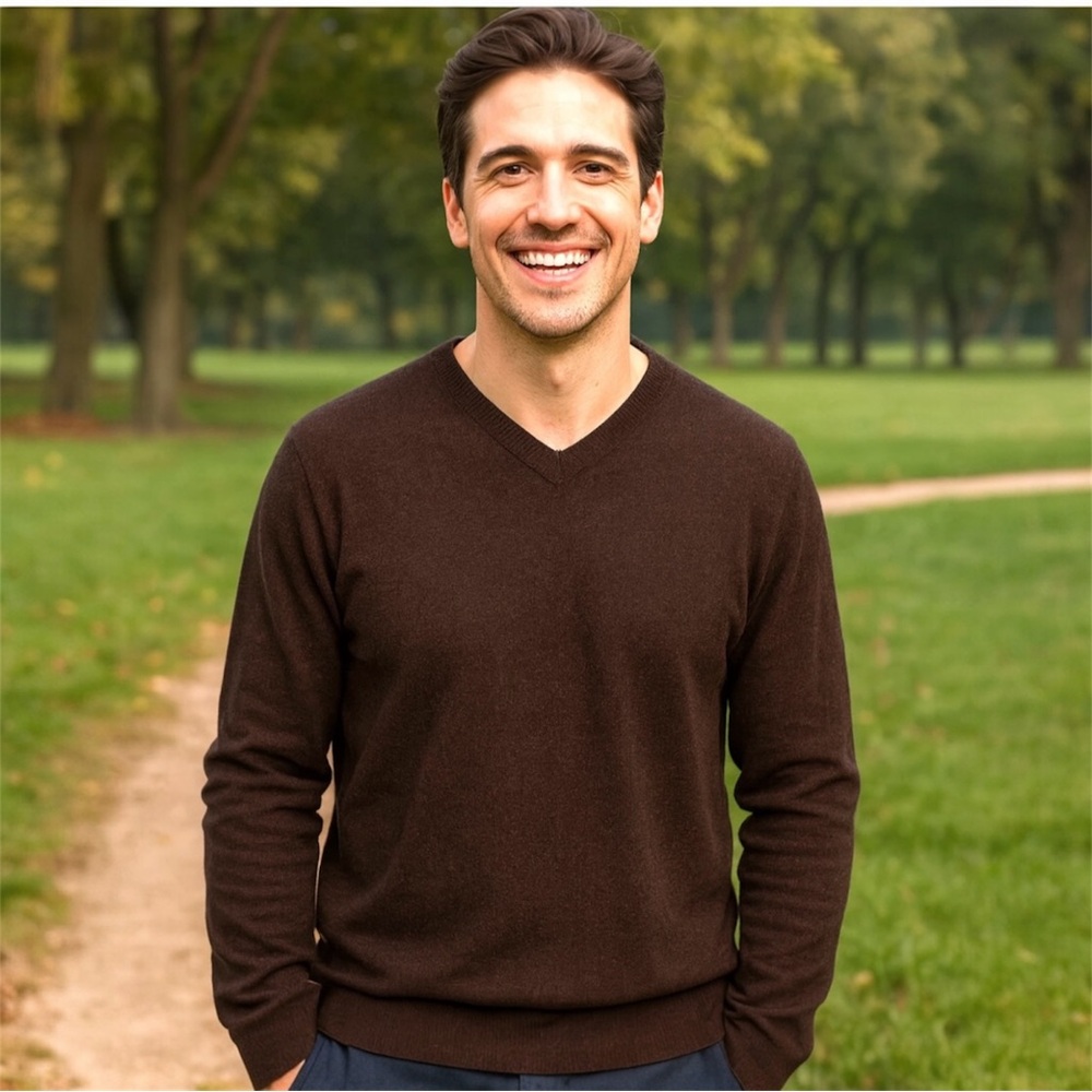 Vintage Men's Brown V Neck '90s Y2K Pullover Sweater Wool Preppy Size M